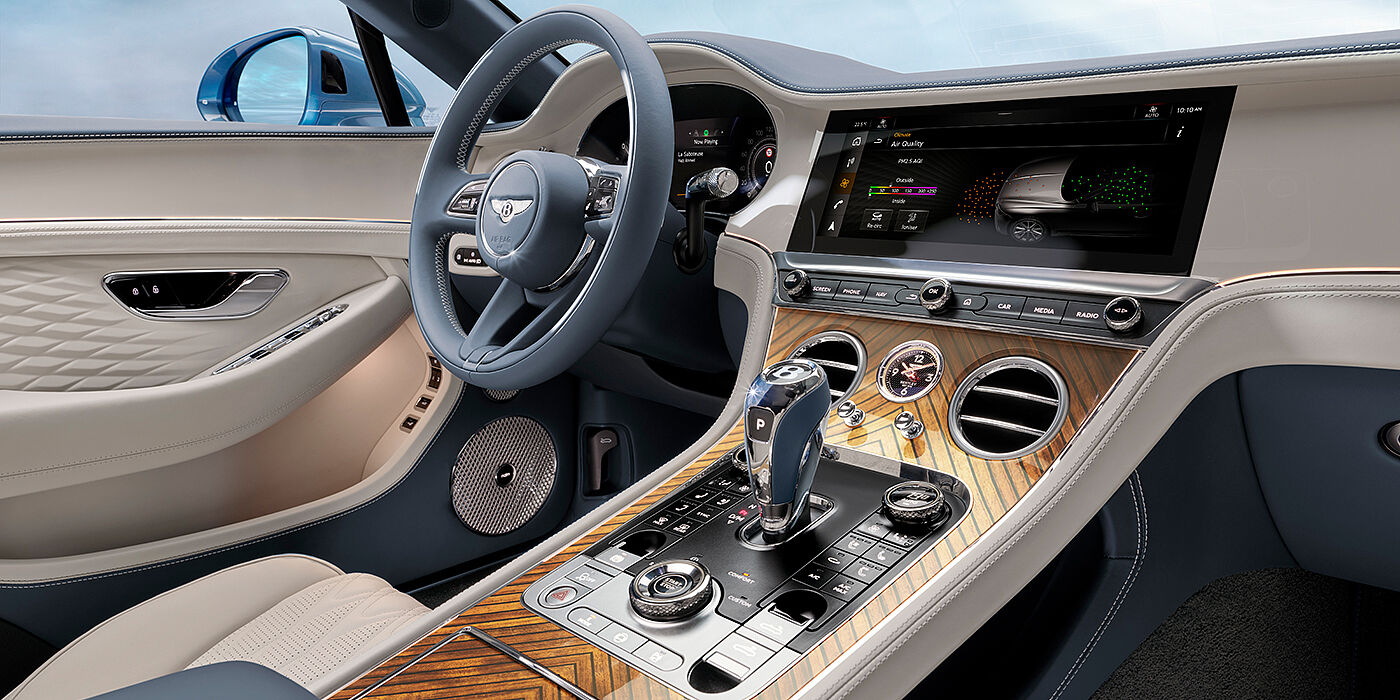Bentley Jakarta New Bentley Continental GTC Azure convertible interior front cabin view with Linen and Brunel hides and Piano Linen by Mulliner veneer featuring centre console and centre MMI screen
