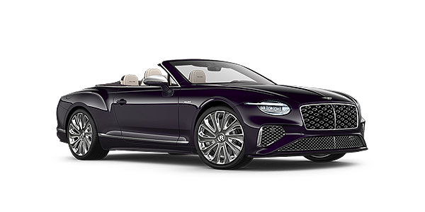 Bentley Jakarta Bentley New Continental GTC Mulliner convertible front three quarter view in Damson paint with 22 inch Mulliner painted and polished wheel